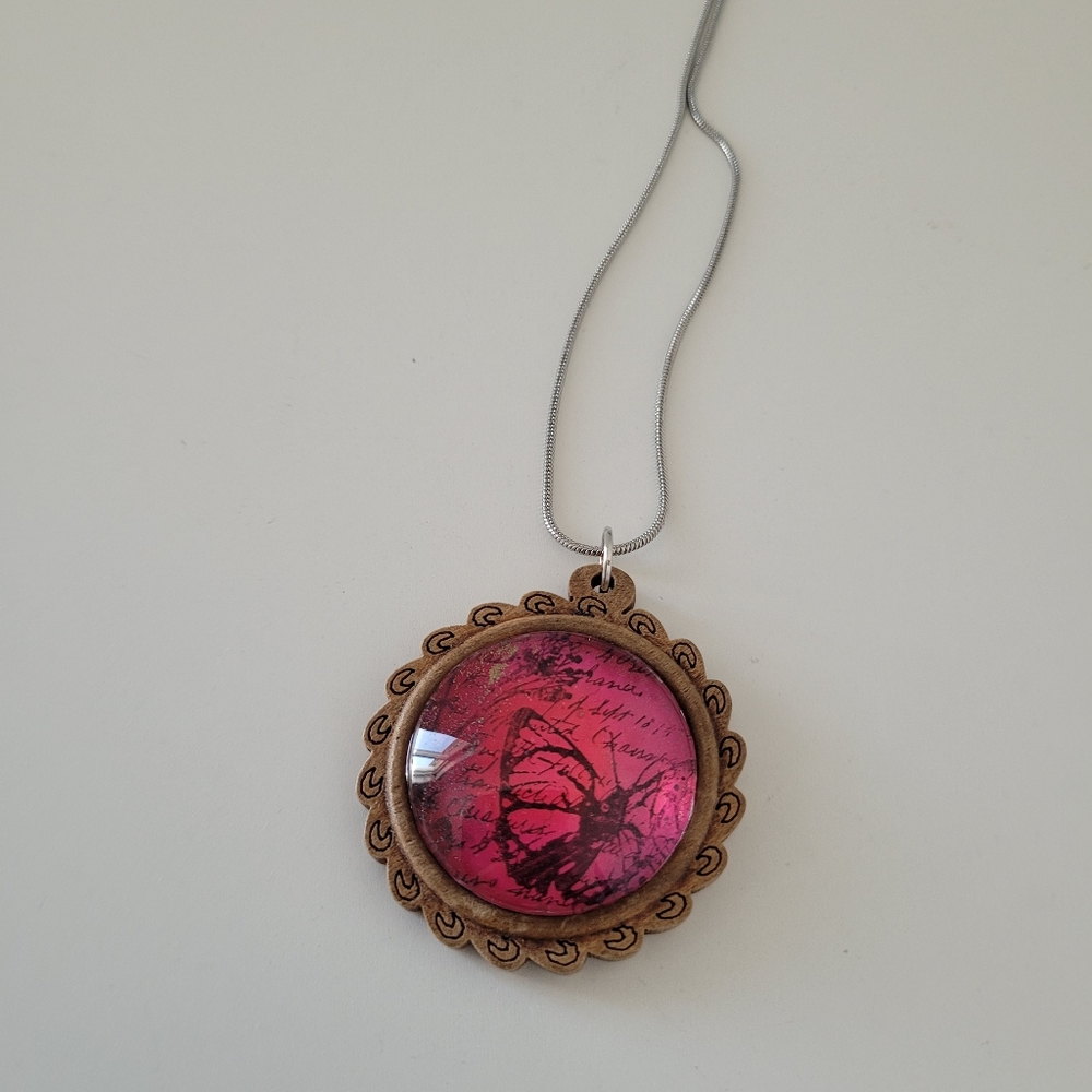 2/$20 Butterfly Wood Pendant Necklace